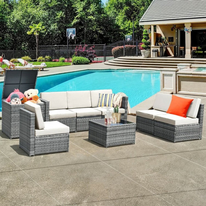 8pc L-Shape Rattan Wicker Sectional w Storage, Cover, Outdoor Patio Furniture, Grey, White