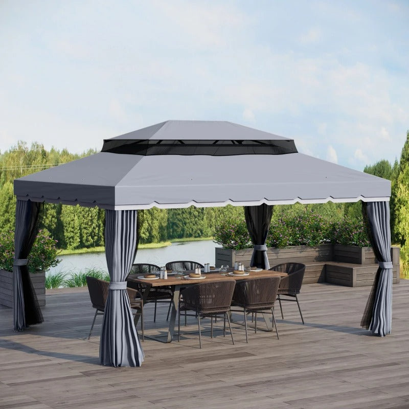 13' x 10' Aluminum Gazebo Canopy Outdoor Tent Shelter w Tiered Roof, Curtain, Mesh Net, Dk Grey