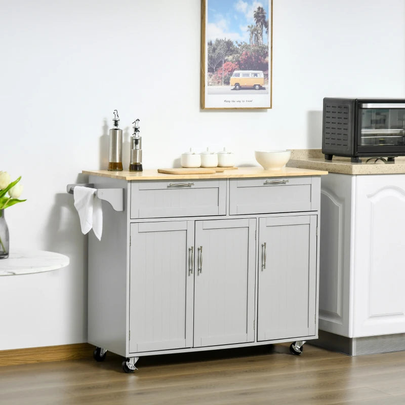 Modern Rolling Kitchen Island Storage Cart Cabinet Sideboard w Drawers, Natural Wood Top, Grey