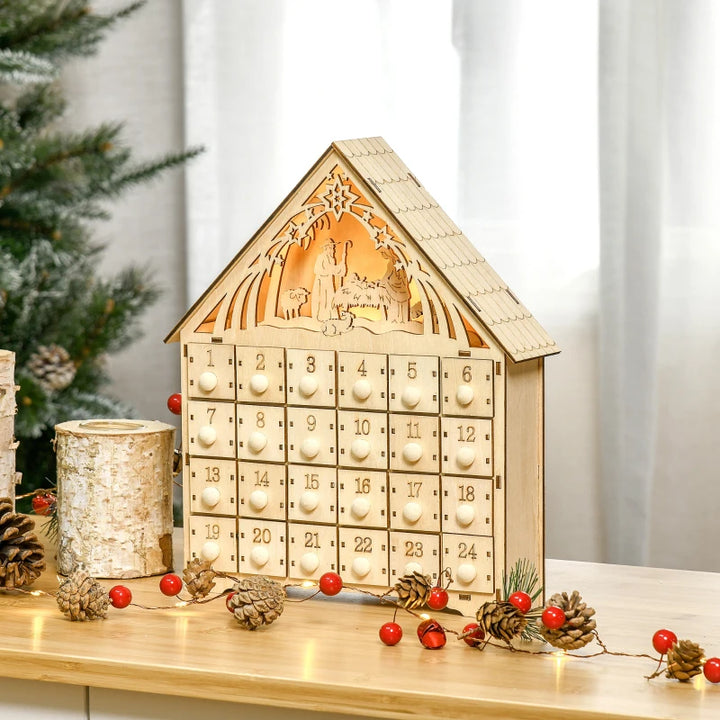 Light-Up Wooden Christmas Advent Calendar w 24 Drawers Holiday Xmas, Bible Nativity Manger Baby
