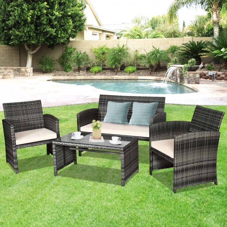 4pc Rattan Wicker Conversation Furniture Loveseat Set w Cushions Outdoor Patio, Grey, Cream White