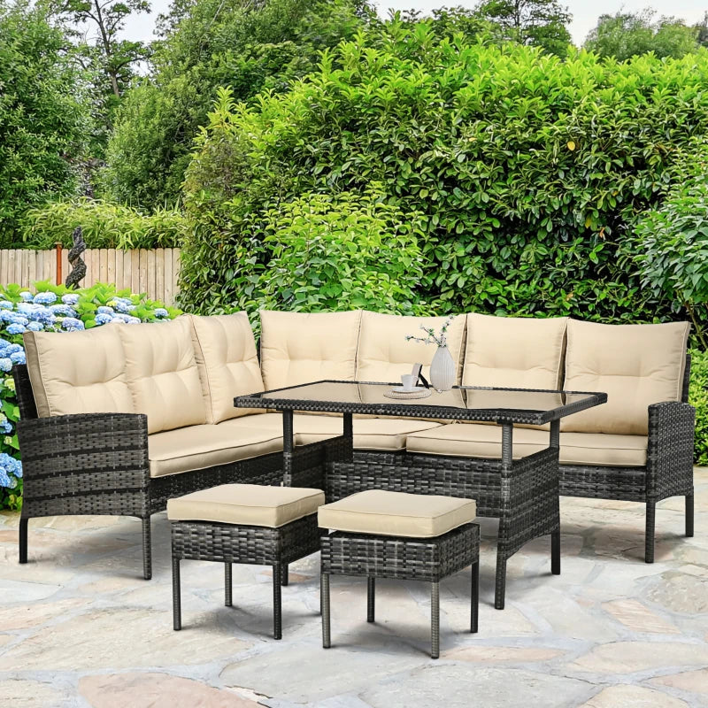 6pc L-Shape PE Rattan Wicker Dining Table Set w Stools, Cushions for O ...