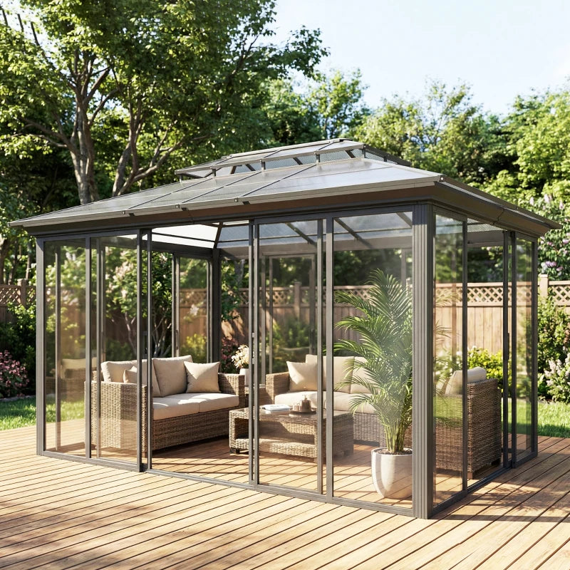 Hardtop Gazebo 10' x 14' Sun Room With Double Sliding Doors - Weatherproof Outdoor Patio Shelter