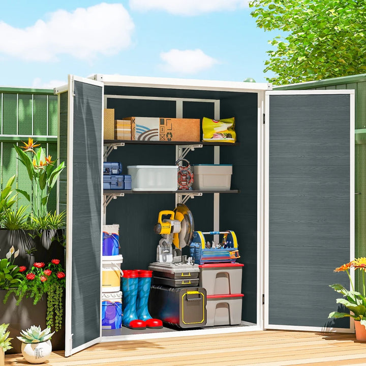 Outdoor 4.4' x 2.3' Plastic Storage Shed with Lockable Doors and Foldable Shelves - Weather Resistant Garden Storage