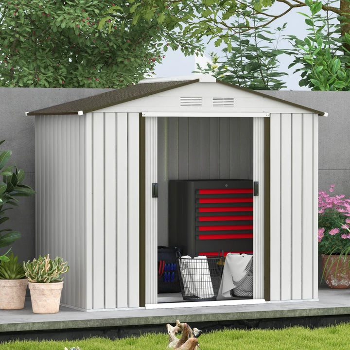 7’ x 4’ x 6’ Outdoor Metal Storage Shed Organizer w Foundation, Garden Backyard, Lt Silver Grey