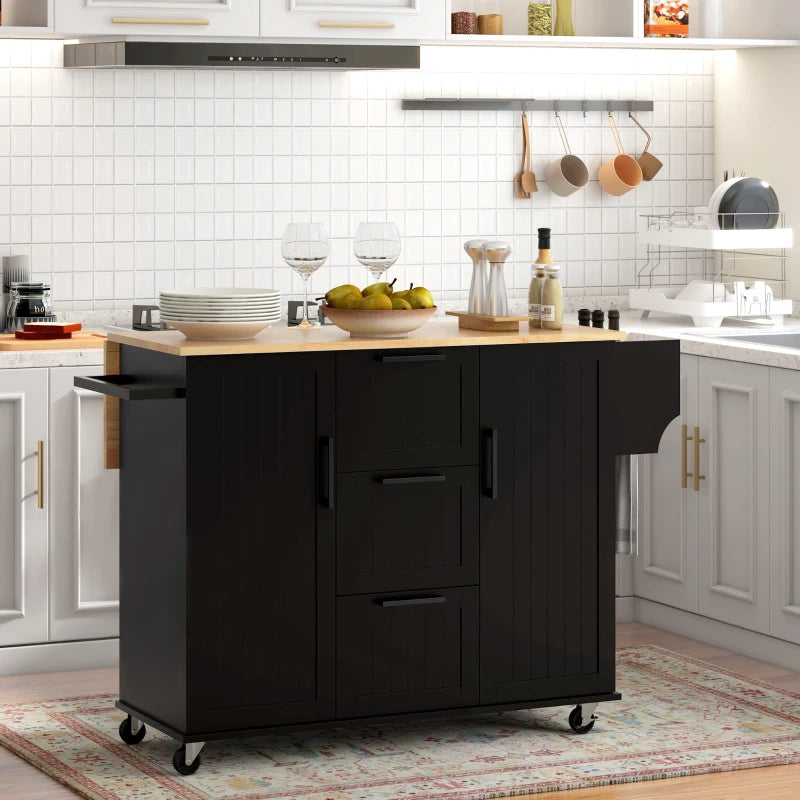 Rolling Kitchen Island Cart w Drop-leaf Dining Countertop Bar, Storage Drawers, Wood Top, Black