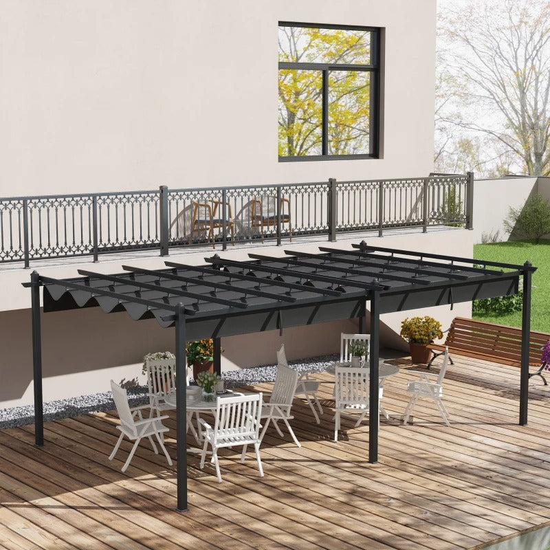 19.6' x 11.7' Double Wide Aluminum Pergola Gazebo Shelter w Retractable Roof, Deck Patio, Grey