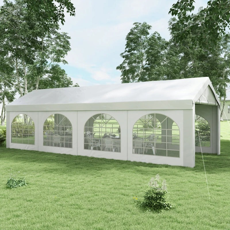 26' x 10' Portable Party Tent Canopy Carport w/ Removable Sidewalls, Doors, & Windows - White