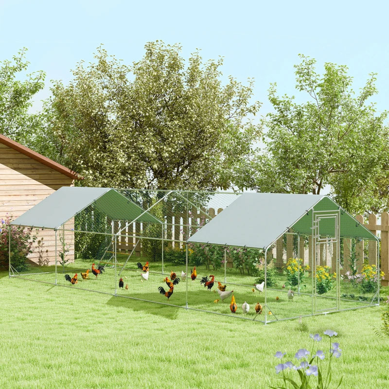 26.2' x 9.8' x 6.4' Large Galv Steel Outdoor Chicken Run Coop w Feed Door, Cage Shelter Fence Yard