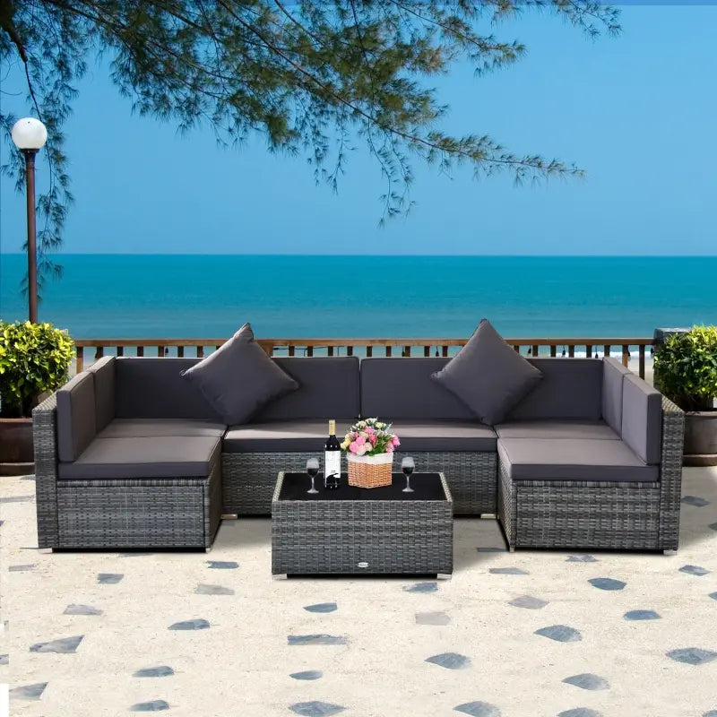 7pc PE Rattan Wicker Sectional Conversation Furniture Set w/ Cushions for Outdoor Patio - Grey