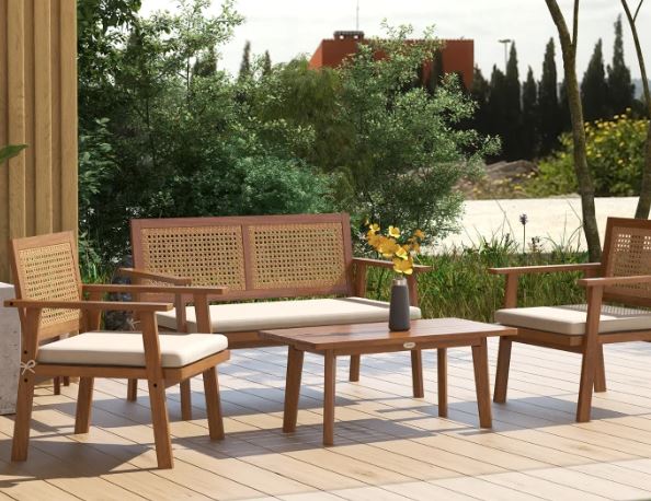 4pc Retro Wood PE Rattan Wicker Patio Furniture Set w Cushions Outdoor Patio, Teak Stain, Beige