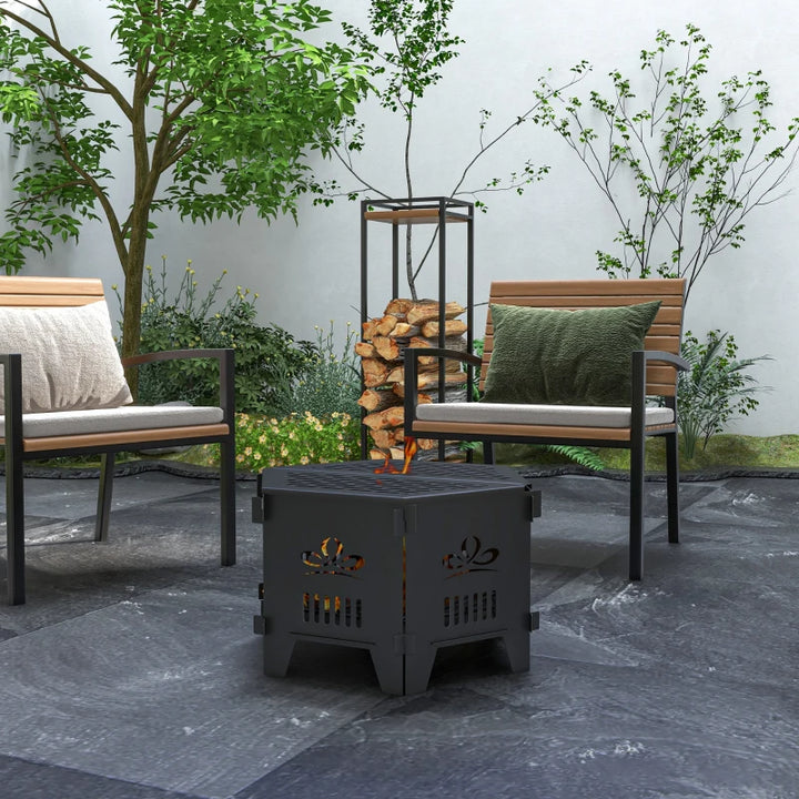 20” Portable Collapsible Hexagonal Electric Fire Pit w/ Carrying Bag, Charcoal Grate - Black