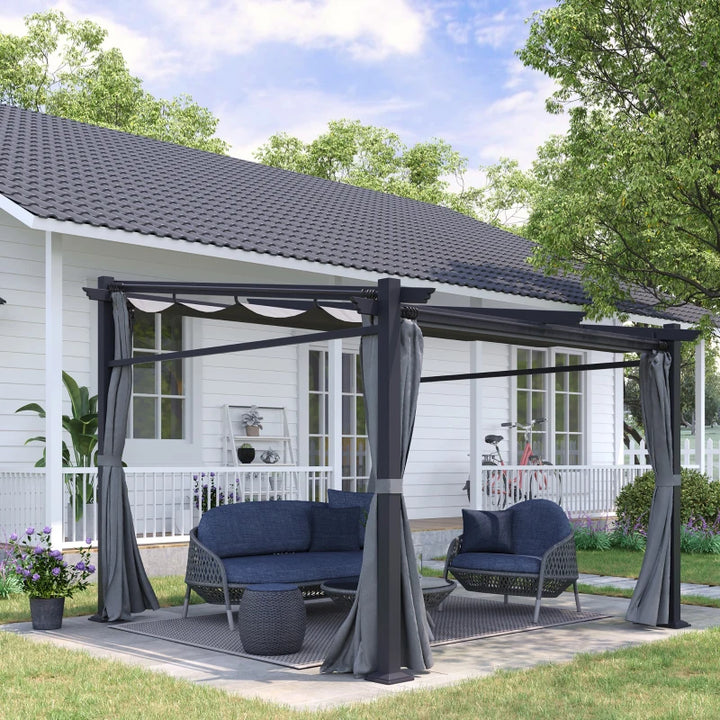 10' x 10' Sloped Pergola Gazebo, Retractable Canopy Roof, Curtains Outdoor Patio Garden Dk Grey