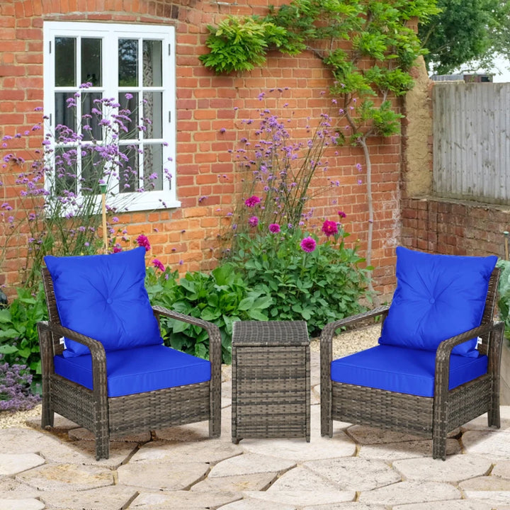 3pc PE Rattan Wicker Bistro Set w Armchairs, Cushions for Outdoor Deck Patio, Brown, Royal Blue