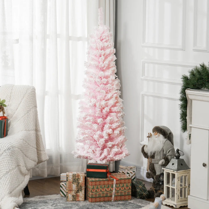 5ft 390-Tip Unlit Snow Flocked Slim Artificial Pencil Christmas Holiday Fake Xmas Tree, Pink