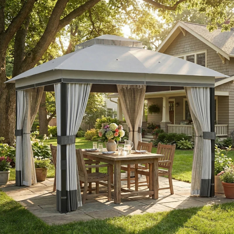 10' x 10' Patio Gazebo Double Roof Canopy with Curtains - Durable Steel Frame Outdoor Shelter
