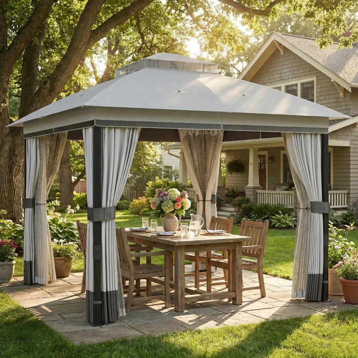 10' x 10' Patio Gazebo Double Roof Canopy with Curtains - Durable Steel Frame Outdoor Shelter
