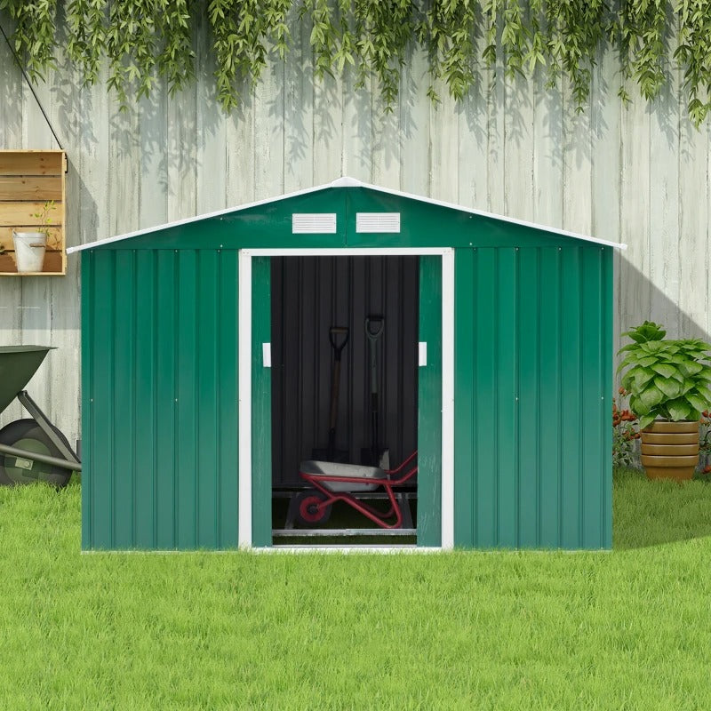 9’ x 6’ x 6’ Outdoor Metal Storage Shed Organizer w/ Foundation for Patio Backyard - Green