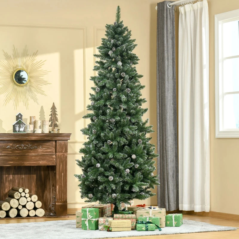 7.5ft 1119-Tip Unlit Slim Artificial Christmas Holiday Tree w Pine Cones, Snowy Tips Xmas Green