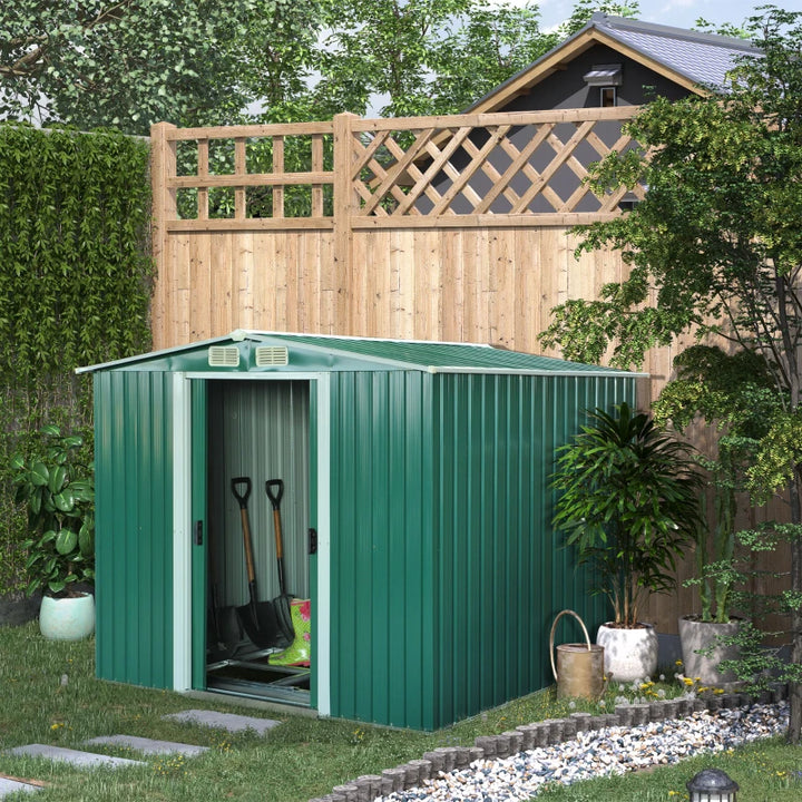 8.5’ x 6.8’ x 5.8' Outdoor Metal Storage Shed w Double Doors, Foundation, Vents - Green