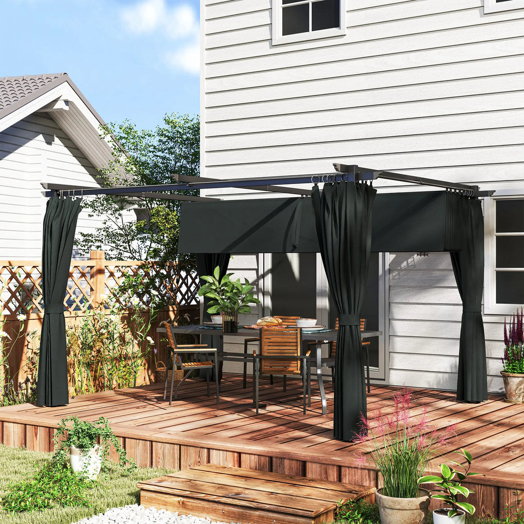 13' x 10' Aluminum Metal Pergola Gazebo Patio Shelter w Retractable Canopy Roof, Curtains, Dk Grey
