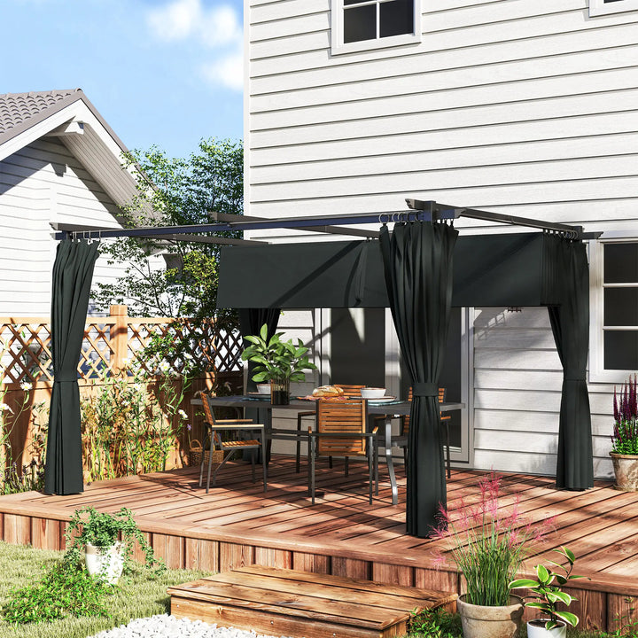 13' x 10' Aluminum Metal Pergola Gazebo Patio Shelter w Retractable Canopy Roof, Curtains, Dk Grey