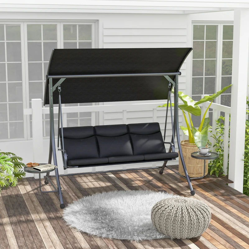 Outdoor 3 Seater Garden Swing Canopy Shade, Side Tables, Cushions for Garden Deck Porch, Black