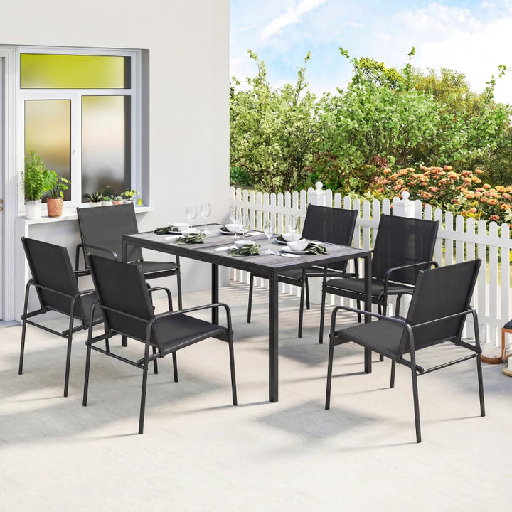 Outdoor Dining Set for 6 with Faux Wood Patio Table and Breathable Mesh Chairs - Durable Weather-Resistant Patio Furniture