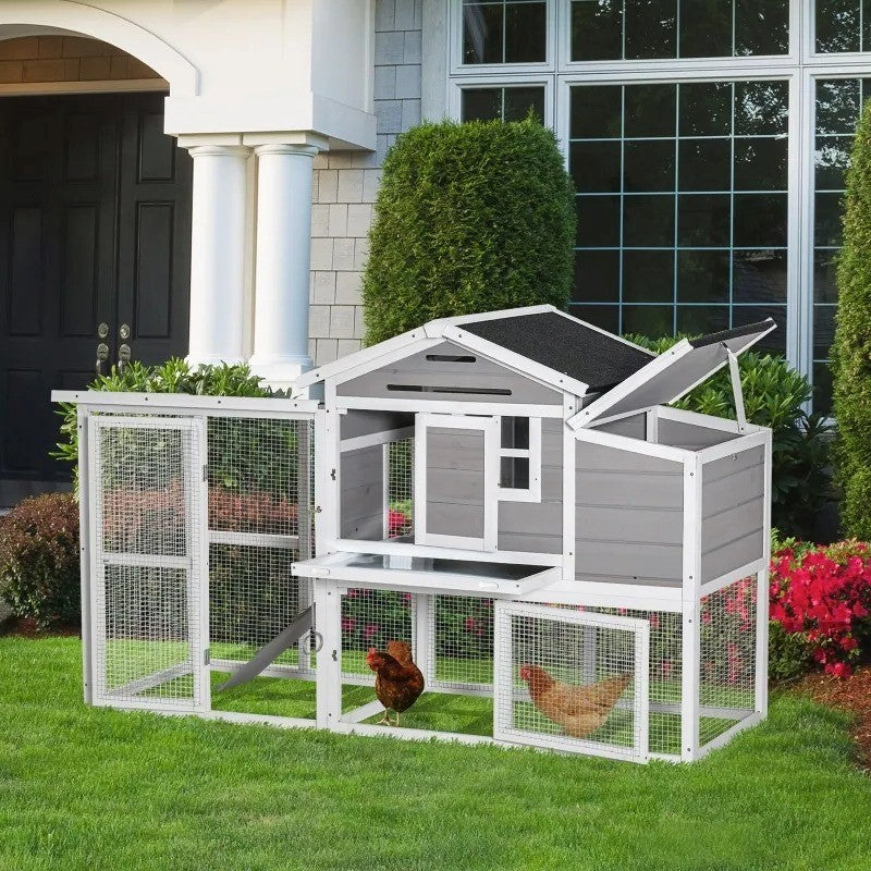 76" Wooden Outdoor Chicken Coop Hen House w Removable Tray, Nesting Box, Lockable Door, Grey