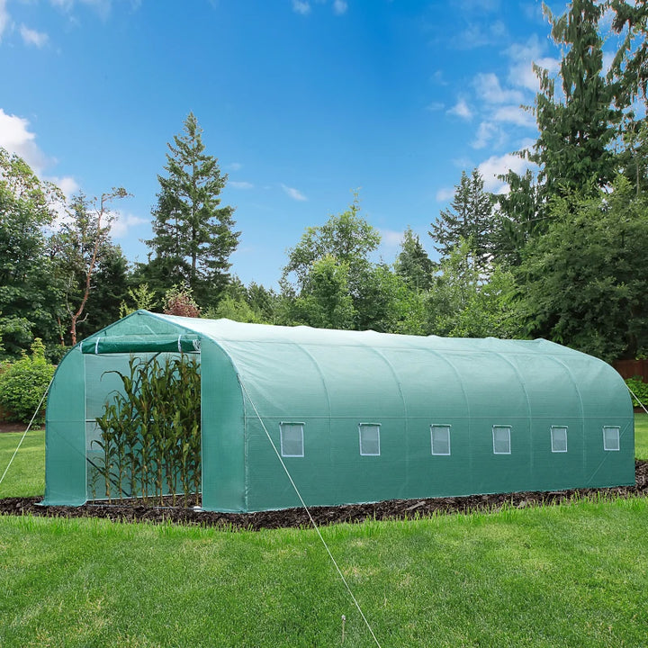 26’ x 10’ x 7’ Large Walk-In Dome Tunnel Garden Greenhouse w Door Windows, Galv Steel, Green