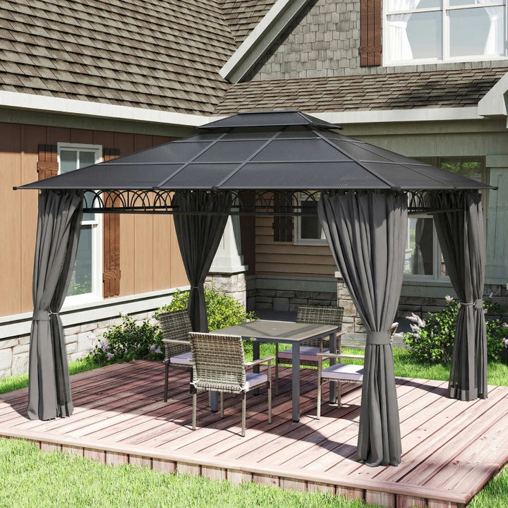 10'x12' Outdoor Gazebo Canopy Double Roof Hardtop with Polycarbonate Roof and Curtains - Durable Patio and Garden Shelter