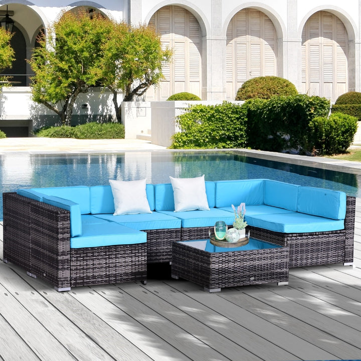 7pc PE Rattan Wicker Sectional Conversation Furniture Set w/ Cushions Deck Patio, Lt Blue, Grey