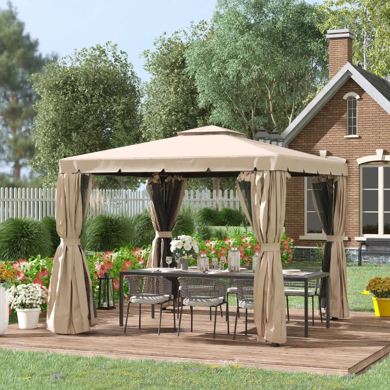 10' x 10' Outdoor Soft-top Gazebo Canopy Shelter 2-Tier Fabric Roof, Curtain, Mesh, Khaki Beige