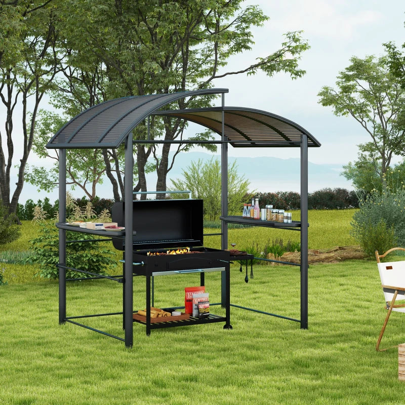 8' x 5' Aluminum Steel Grill Gazebo Canopy Shelter w PC Hardtop Tiered Roof, Shelves, Dark Grey