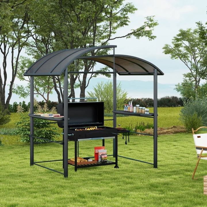 8' x 5' Aluminum Steel Grill Gazebo Canopy Shelter w PC Hardtop Tiered Roof, Shelves, Dark Grey