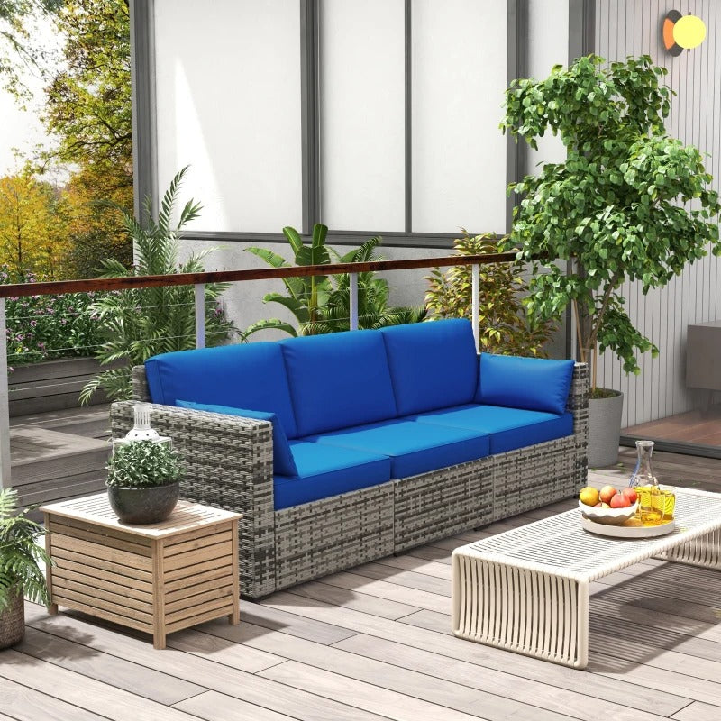 3 Seater PE Rattan Wicker Sofa for Outdoor Patio w/ Cushions & Arm Pillows, Mixed Grey & Blue