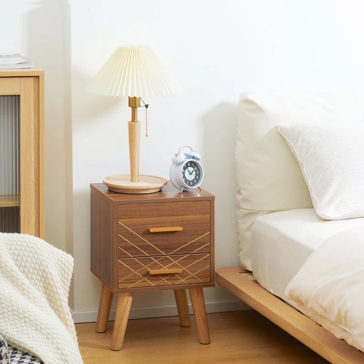 Scandinavian Accent Side End Table Night Stand w Drawers, Bedroom Living Home, Brown Woodgrain