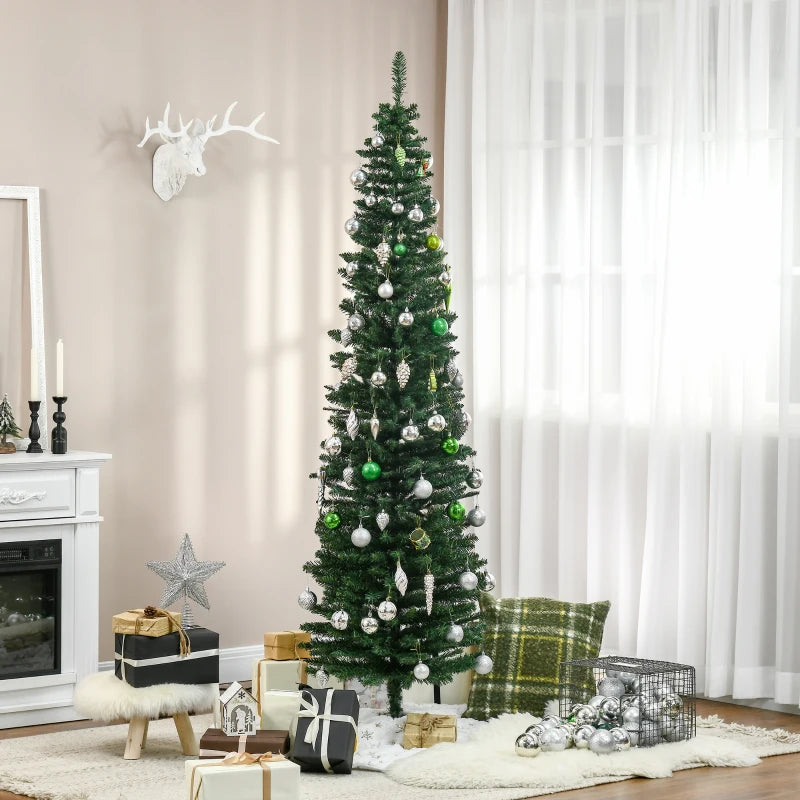 NEW 7ft 499-Tip Unlit Slim Pencil Artificial Christmas Holiday Xmas Tree Decor w Base, Green