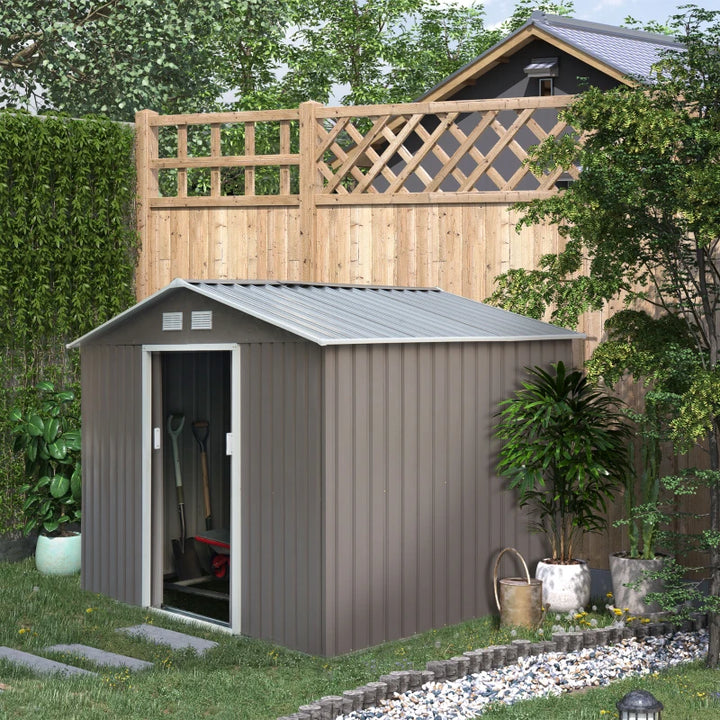 9’ x 6’ x 6’ Arrow Outdoor Metal Storage Shed Organizer w/ Foundation for Patio Backyard - Grey