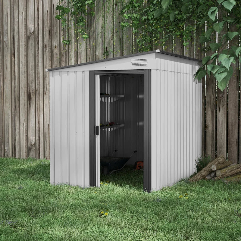 5' x 7' Galvanized Steel Lean To Storage Tool Shed w Foundation, Door, Outdoor Garden, Grey