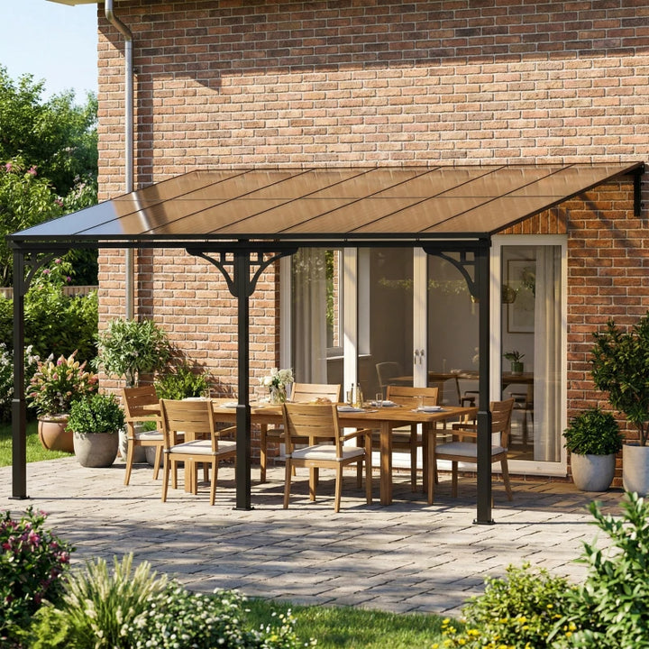 13' x 10' Lean-to Hardtop Wall-Mounted Outdoor Pergola - Durable Polycarbonate Roof & Metal Frame