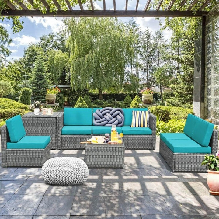 8pc L-Shape Rattan Wicker Sectional w Storage, Cover, Outdoor Patio Furniture, Grey, Turquoise