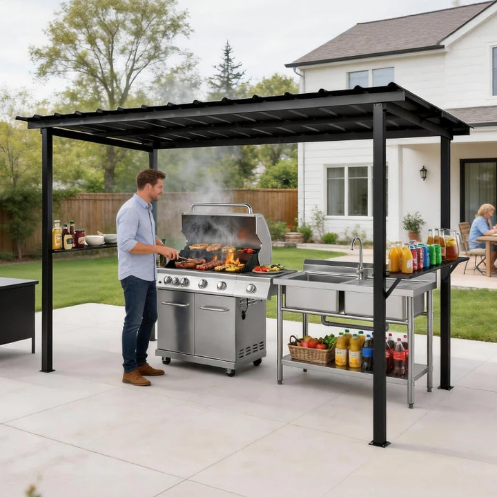 Hardtop Grill Gazebo with Side Shelves - Durable Outdoor BBQ Shelter 12 x 6 ft