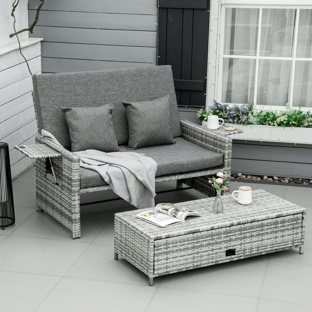 2pc PE Rattan Wicker Convertible Sofa Loveseat Daybed Lounger, Ottoman, Cushions Outdoor, Grey