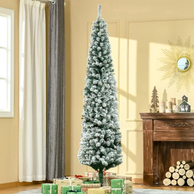 NEW 7.5ft 738-Tip Unlit Snow Flocked Slim Artificial Pencil Christmas Holiday Xmas Tree, Green