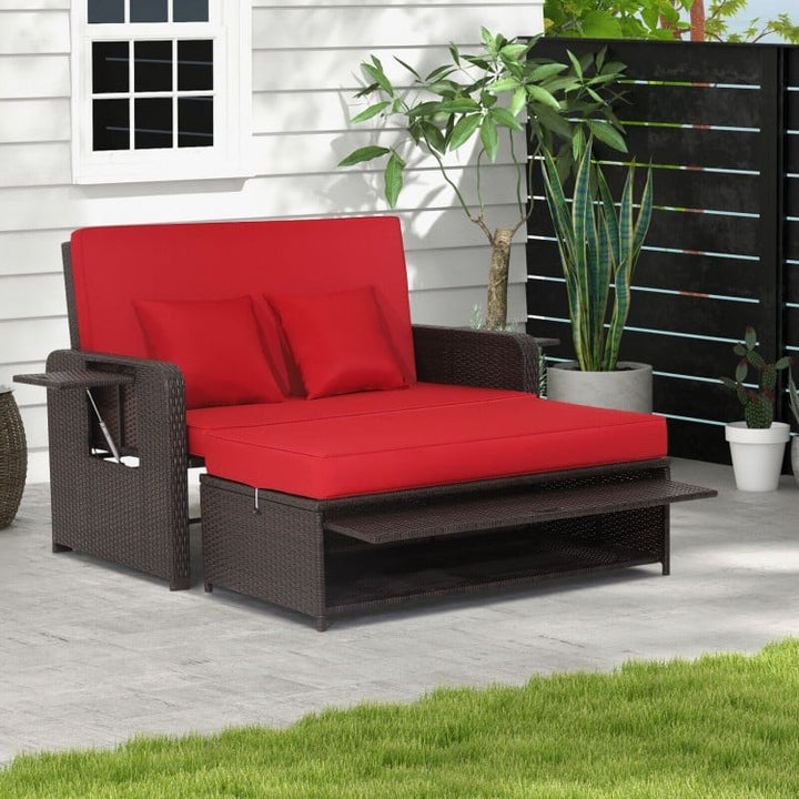 2pc Rattan Wicker Convertible Chaise Sofa Loveseat Daybed Lounger Ottoman w Cushions Outdoor, Red