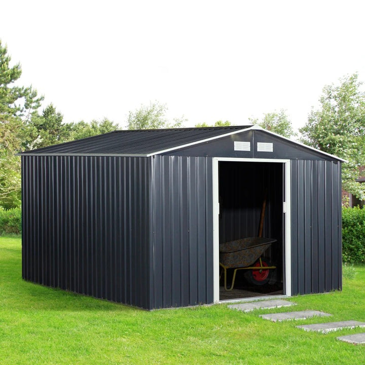 10.6 x 9.1 x 6.3’ Large Galv Steel Outdoor Storage Tool Work Shed for Garden Backyard, Dk Grey