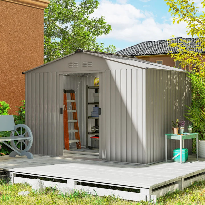 9.1' x 6.4' Metal Garden Storage Shed with Double Sliding Doors - Durable Outdoor Tool Storage