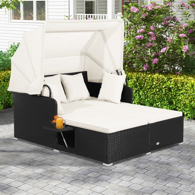 2-Person Rattan Wicker Canopy Daybed Lounge Chaise for Outdoor Patio, Cushions, Black, Cream White