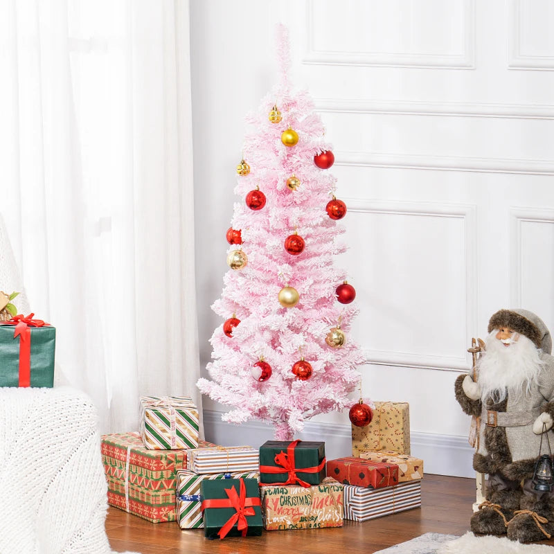 4ft 180-Tip Snow Flocked Slim Pencil Artificial Christmas Holiday Tree w Base Xmas Decor, Pink